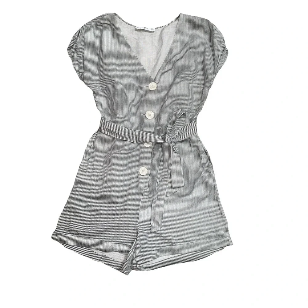MANGO Striped Romper S/4 Linen Blend Button‎ Gray White Belted V Neck Cap Sleeve